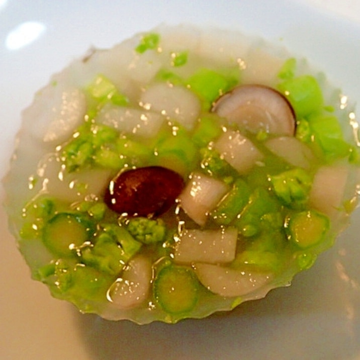 鶏がら塩糀スープの素で アスパラとしめじの寒天♪